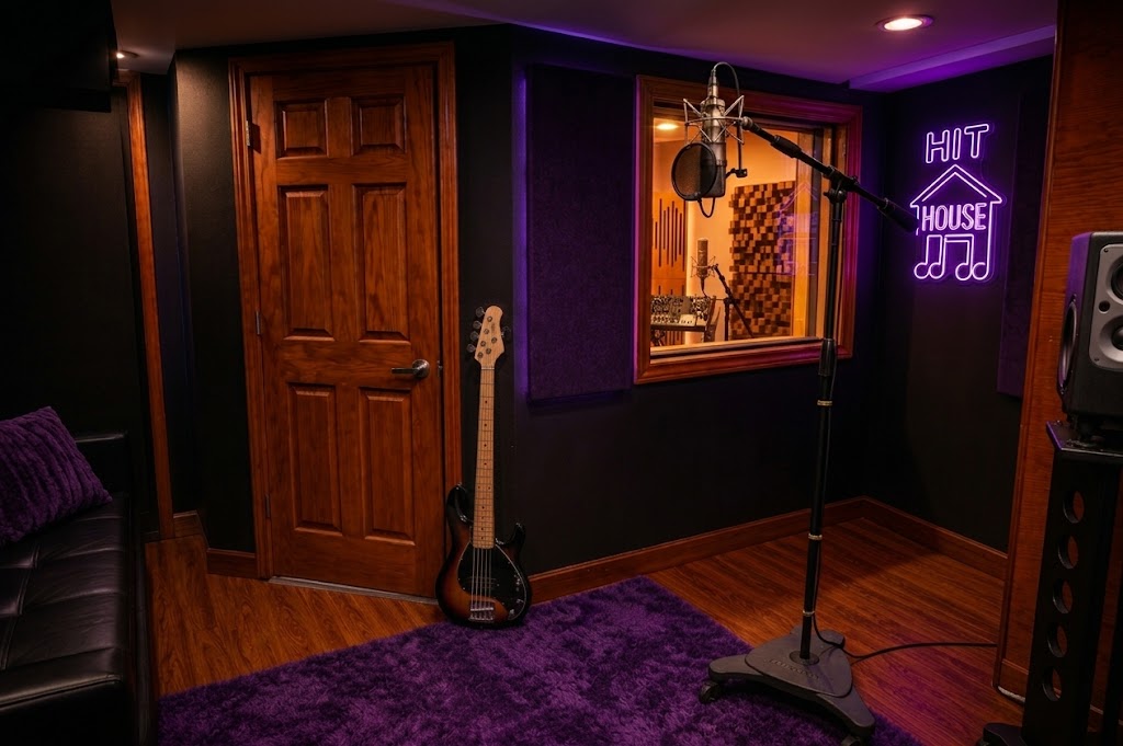 Hit House Detroit vocal booth with microphone and bass guitar
